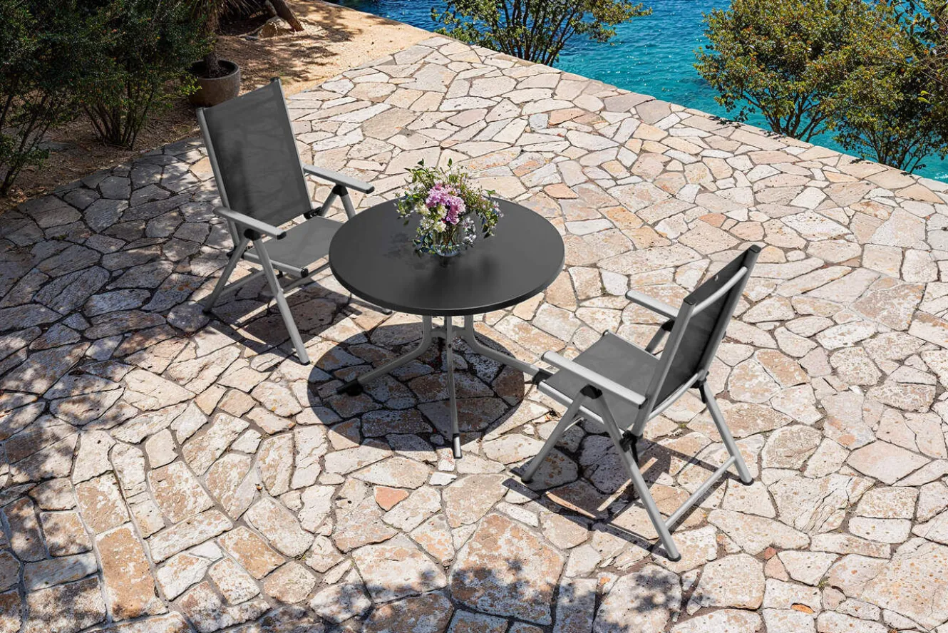 KETTLER BasicPlus Pro Balkon-Set, silber/anthrazit, Alu/Textilene, Tisch Ø100 cm, 2 Klappstühle