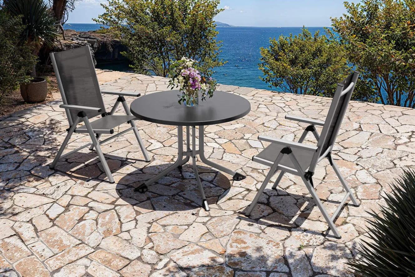 KETTLER BasicPlus Pro Balkon-Set, silber/anthrazit, Alu/Textilene, Tisch Ø100 cm, 2 Klappstühle