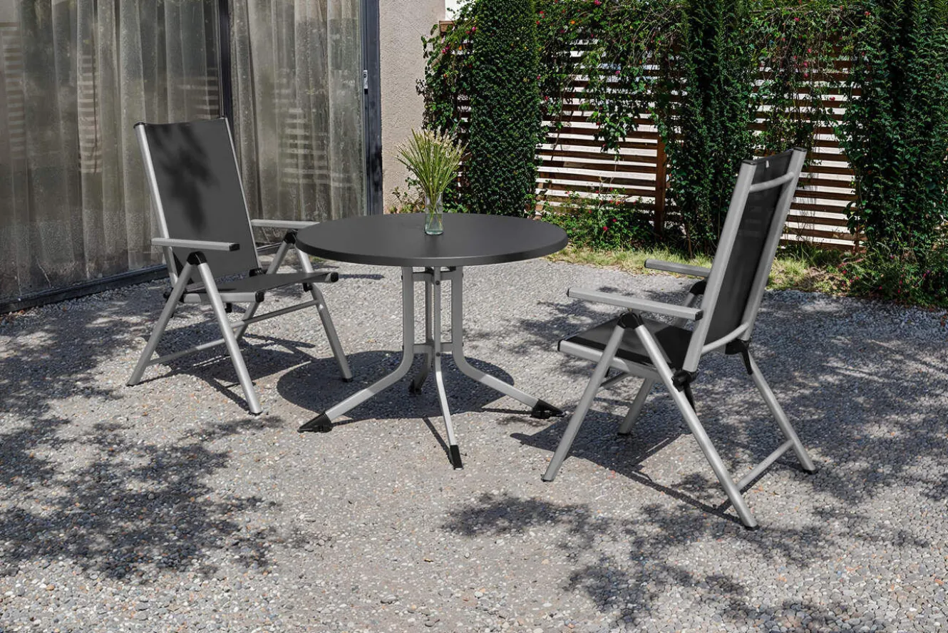 KETTLER BasicPlus Pro Balkon-Set, silber/anthrazit, Alu/Textilene, Tisch Ø100 cm, 2 Klappstühle