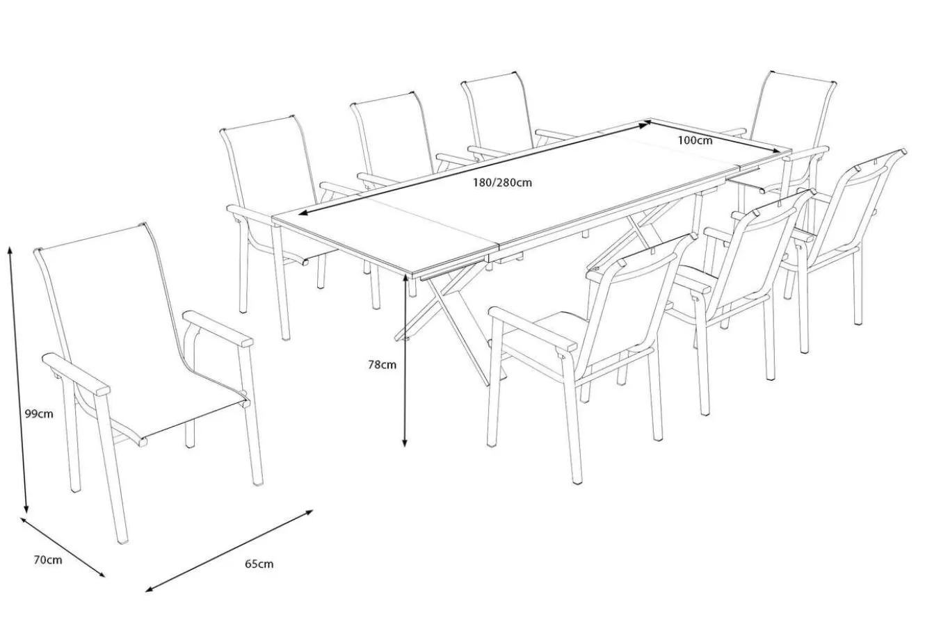 KETTLER BasicPlus Pro Garten-Essgruppe, anthrazit, Alu/Textilene/Spraystone, Tisch 180/280 x 100 cm, 8 Stapelsessel