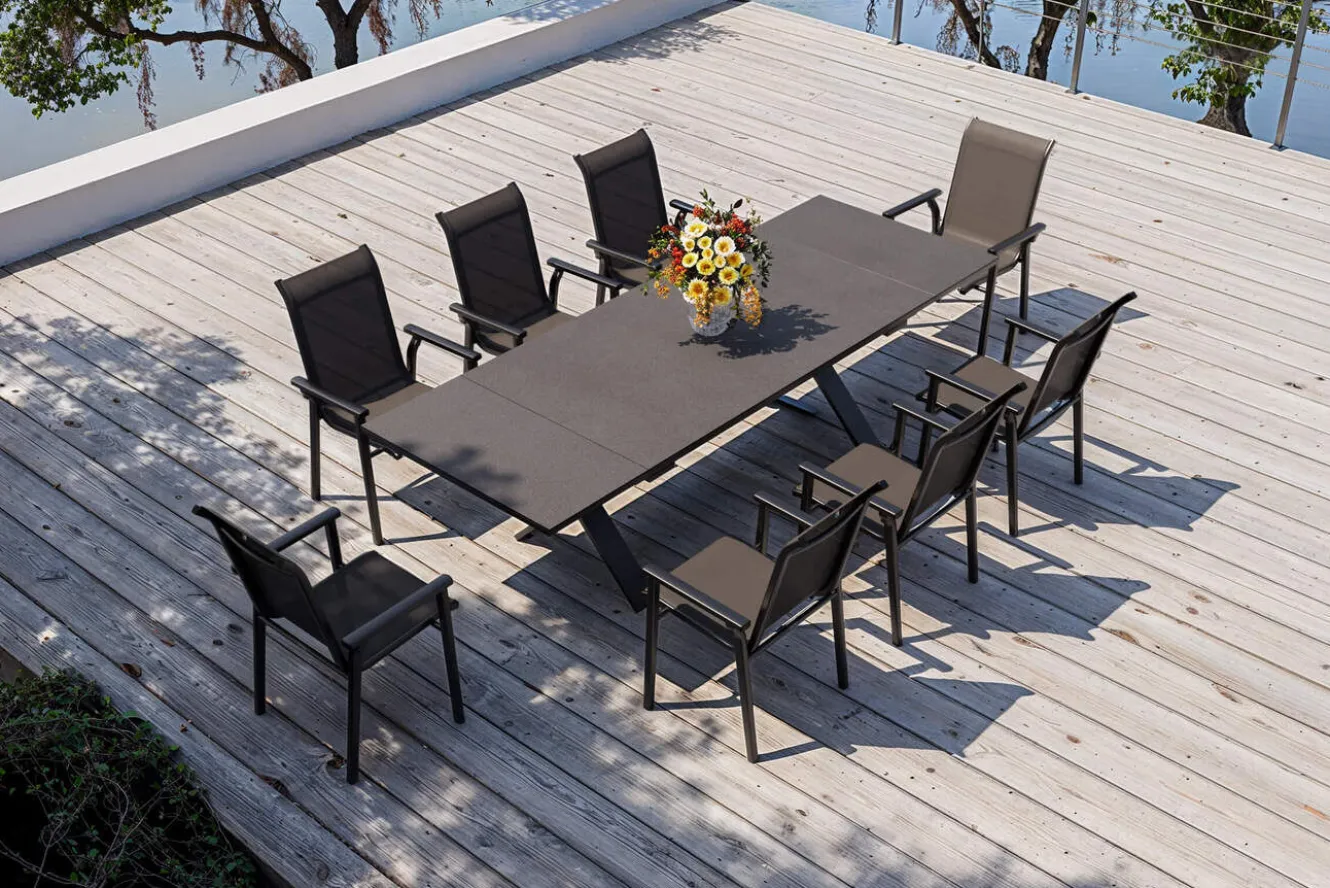KETTLER BasicPlus Pro Garten-Essgruppe, anthrazit, Alu/Textilene/Spraystone, Tisch 180/280 x 100 cm, 8 Stapelsessel