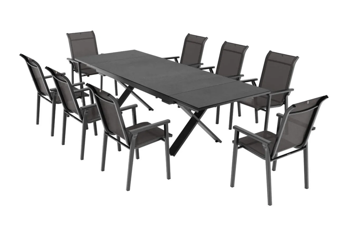 KETTLER BasicPlus Pro Garten-Essgruppe, anthrazit, Alu/Textilene/Spraystone, Tisch 180/280 x 100 cm, 8 Stapelsessel