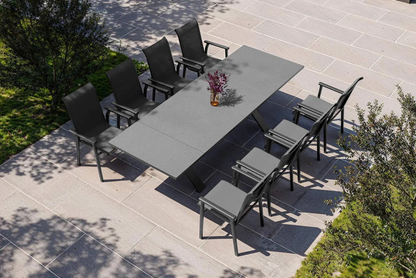 KETTLER BasicPlus Pro Garten-Essgruppe, anthrazit, Alu/Textilene/Spraystone, Tisch 180/280 x 100 cm, 8 Stapelsessel