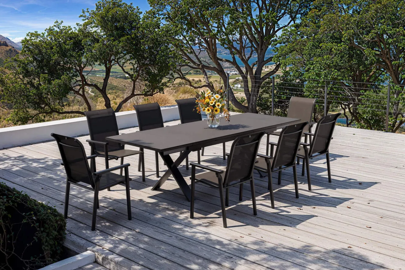 KETTLER BasicPlus Pro Garten-Essgruppe, anthrazit, Alu/Textilene/Spraystone, Tisch 180/280 x 100 cm, 8 Stapelsessel