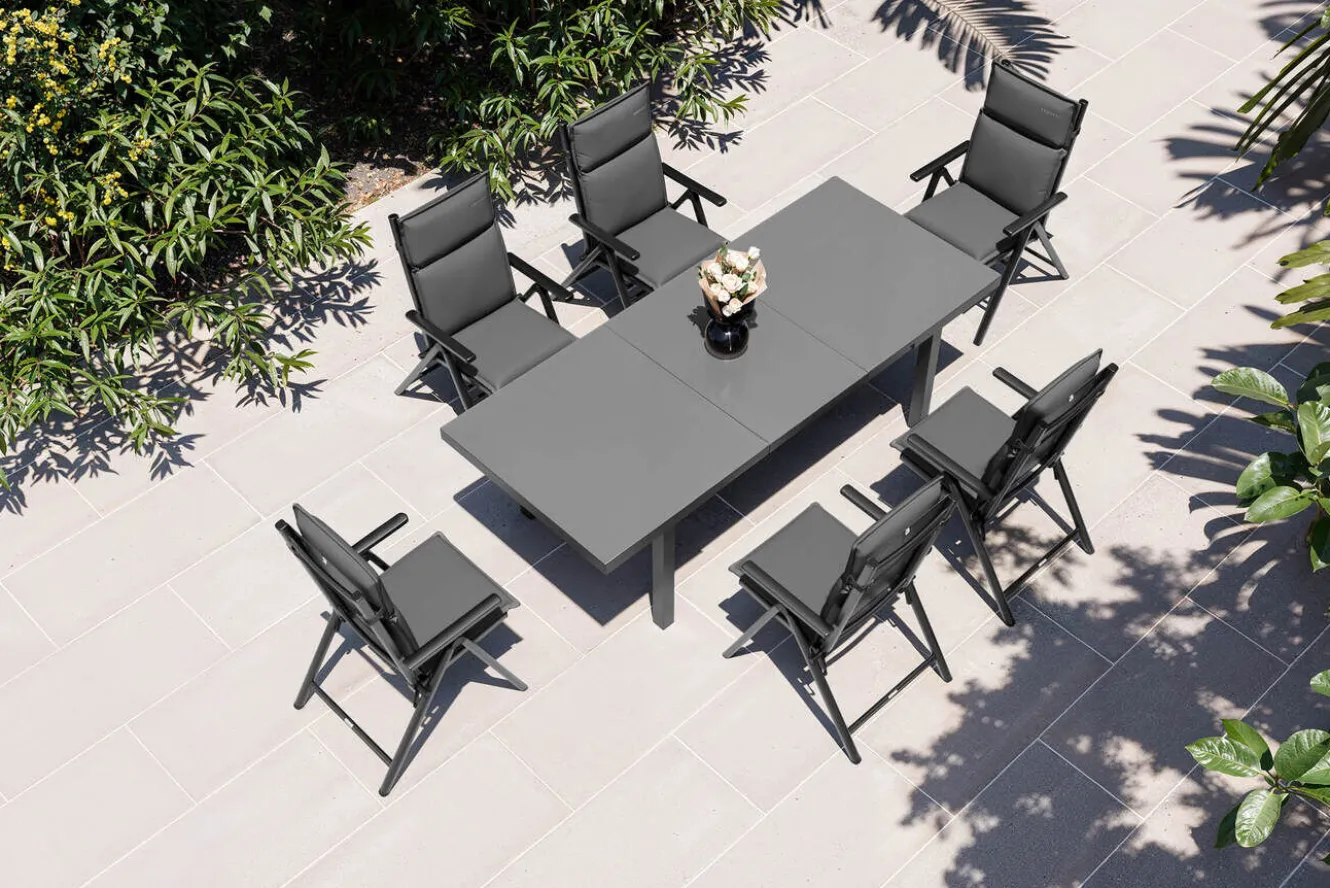 KETTLER BasicPlus Pro Garten-Essgruppe, anthrazit, Alu/Textilene/Glas, Tisch ausziehbar 180/240 cm, 6 Klappstühle inkl. Auflagen
