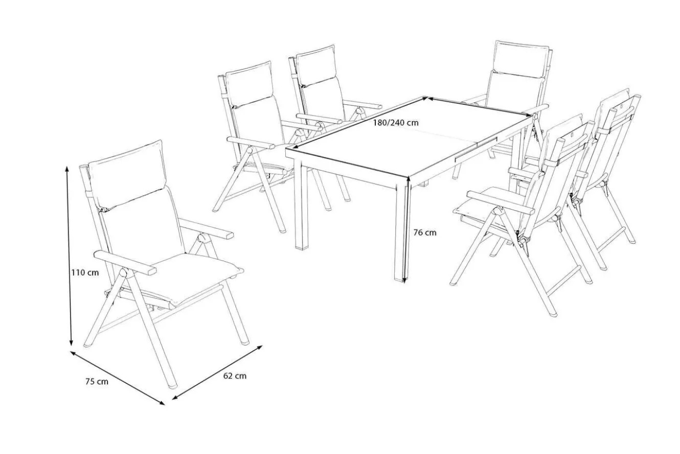 KETTLER BasicPlus Pro Garten-Essgruppe, anthrazit, Alu/Textilene/Glas, Tisch ausziehbar 180/240 cm, 6 Klappstühle inkl. Auflagen
