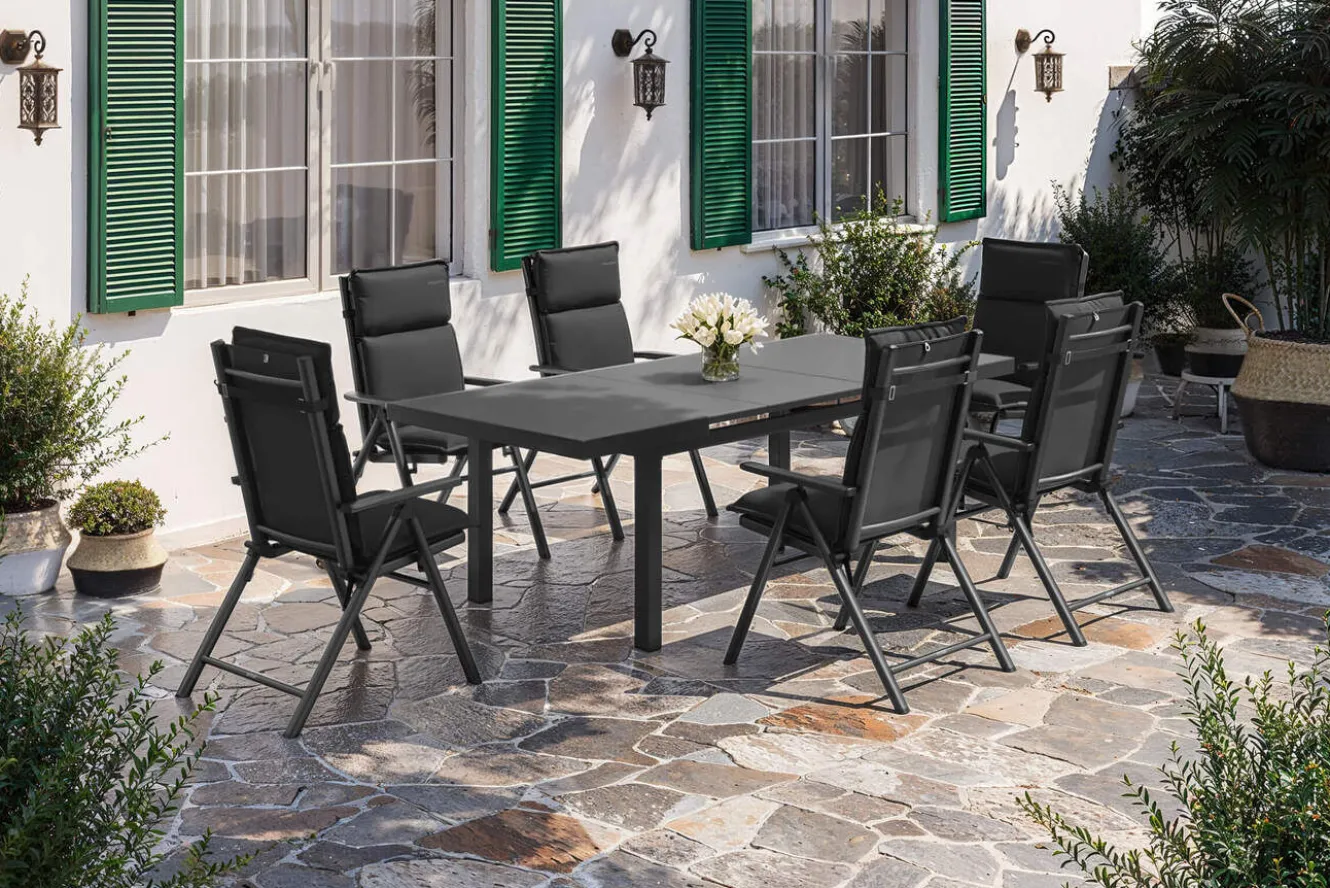 KETTLER BasicPlus Pro Garten-Essgruppe, anthrazit, Alu/Textilene/Glas, Tisch ausziehbar 180/240 cm, 6 Klappstühle inkl. Auflagen