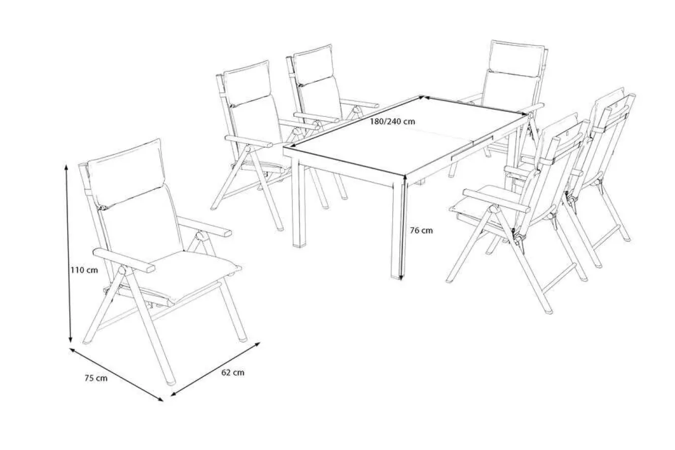 KETTLER BasicPlus Pro Garten-Essgruppe, anthrazit, Alu/Textilene/Glas, Tisch ausziehbar 180/240 cm, 6 Klappstühle inkl. Auflagen