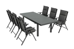 KETTLER BasicPlus Pro Garten-Essgruppe, anthrazit, Alu/Textilene/Glas, Tisch ausziehbar 180/240 cm, 6 Klappstühle inkl. Auflagen
