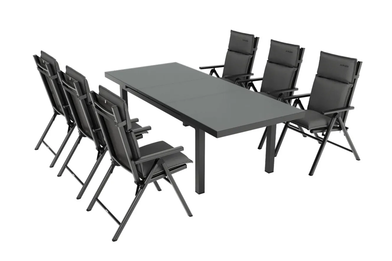 KETTLER BasicPlus Pro Garten-Essgruppe, anthrazit, Alu/Textilene/Glas, Tisch ausziehbar 180/240 cm, 6 Klappstühle inkl. Auflagen
