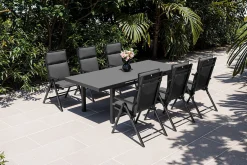 KETTLER BasicPlus Pro Garten-Essgruppe, anthrazit, Alu/Textilene/Glas, Tisch ausziehbar 180/240 cm, 6 Klappstühle inkl. Auflagen