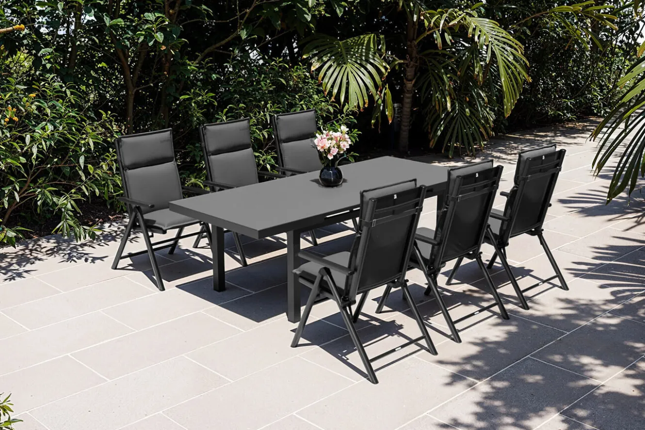 KETTLER BasicPlus Pro Garten-Essgruppe, anthrazit, Alu/Textilene/Glas, Tisch ausziehbar 180/240 cm, 6 Klappstühle inkl. Auflagen