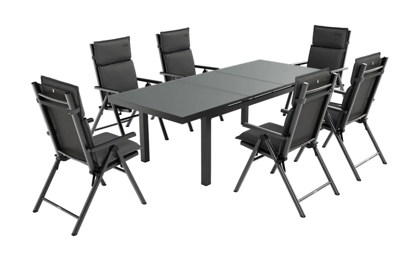 KETTLER BasicPlus Pro Garten-Essgruppe, anthrazit, Alu/Textilene/Glas, Tisch ausziehbar 180/240 cm, 6 Klappstühle inkl. Auflagen