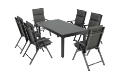 KETTLER BasicPlus Pro Garten-Essgruppe, anthrazit, Alu/Textilene/Glas, Tisch ausziehbar 180/240 cm, 6 Klappstühle inkl. Auflagen