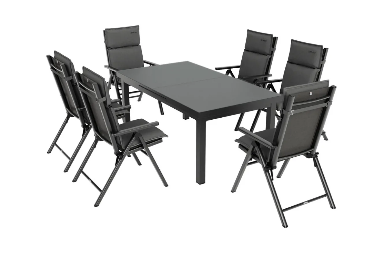 KETTLER BasicPlus Pro Garten-Essgruppe, anthrazit, Alu/Textilene/Glas, Tisch ausziehbar 180/240 cm, 6 Klappstühle inkl. Auflagen