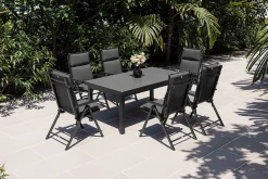 KETTLER BasicPlus Pro Garten-Essgruppe, anthrazit, Alu/Textilene/Glas, Tisch ausziehbar 180/240 cm, 6 Klappstühle inkl. Auflagen