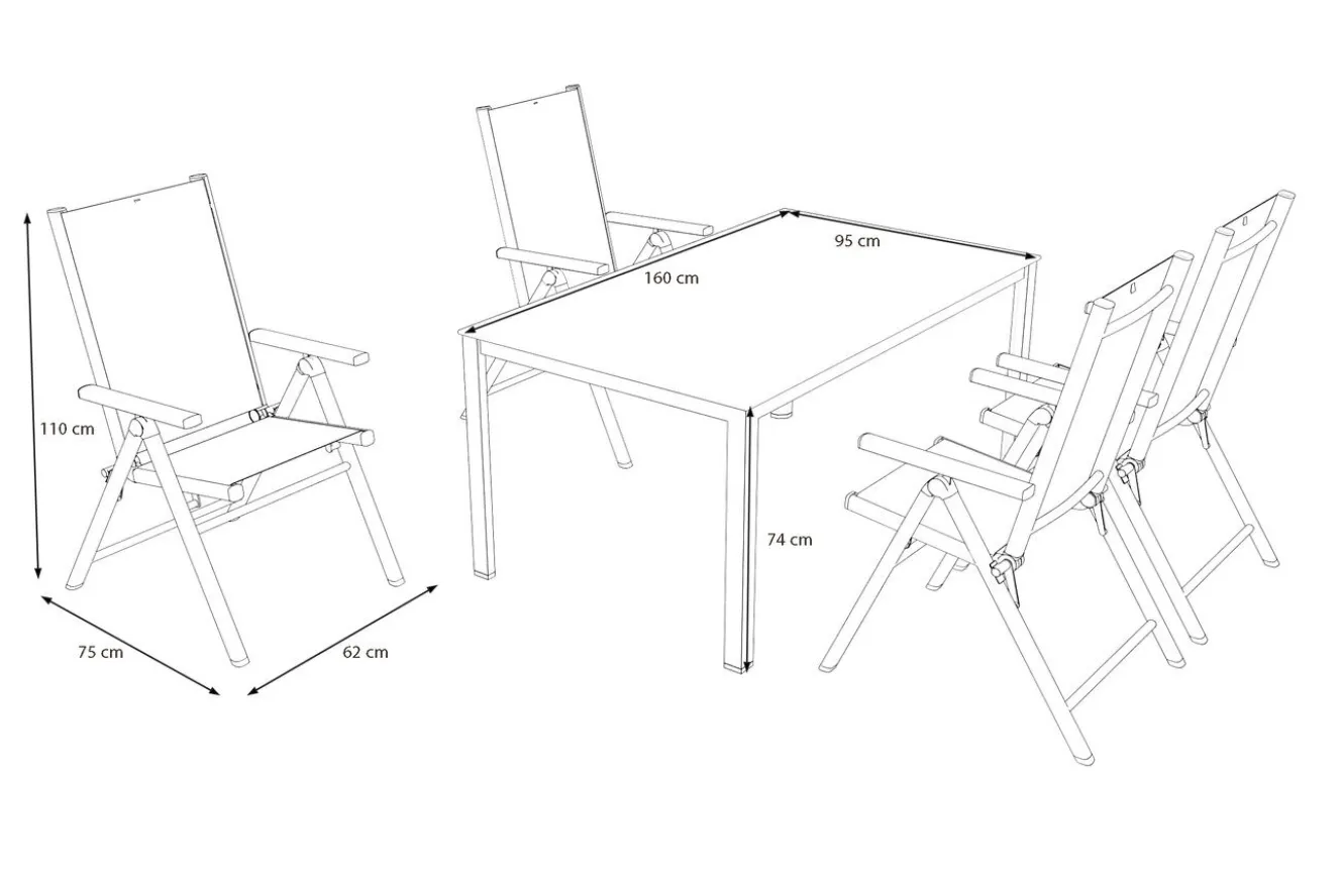 KETTLER BasicPlus Pro Garten-Essgruppe, silber/anthrazit, Alu/Textilene, Tisch 160 x 95 cm, 4 Klappstühle