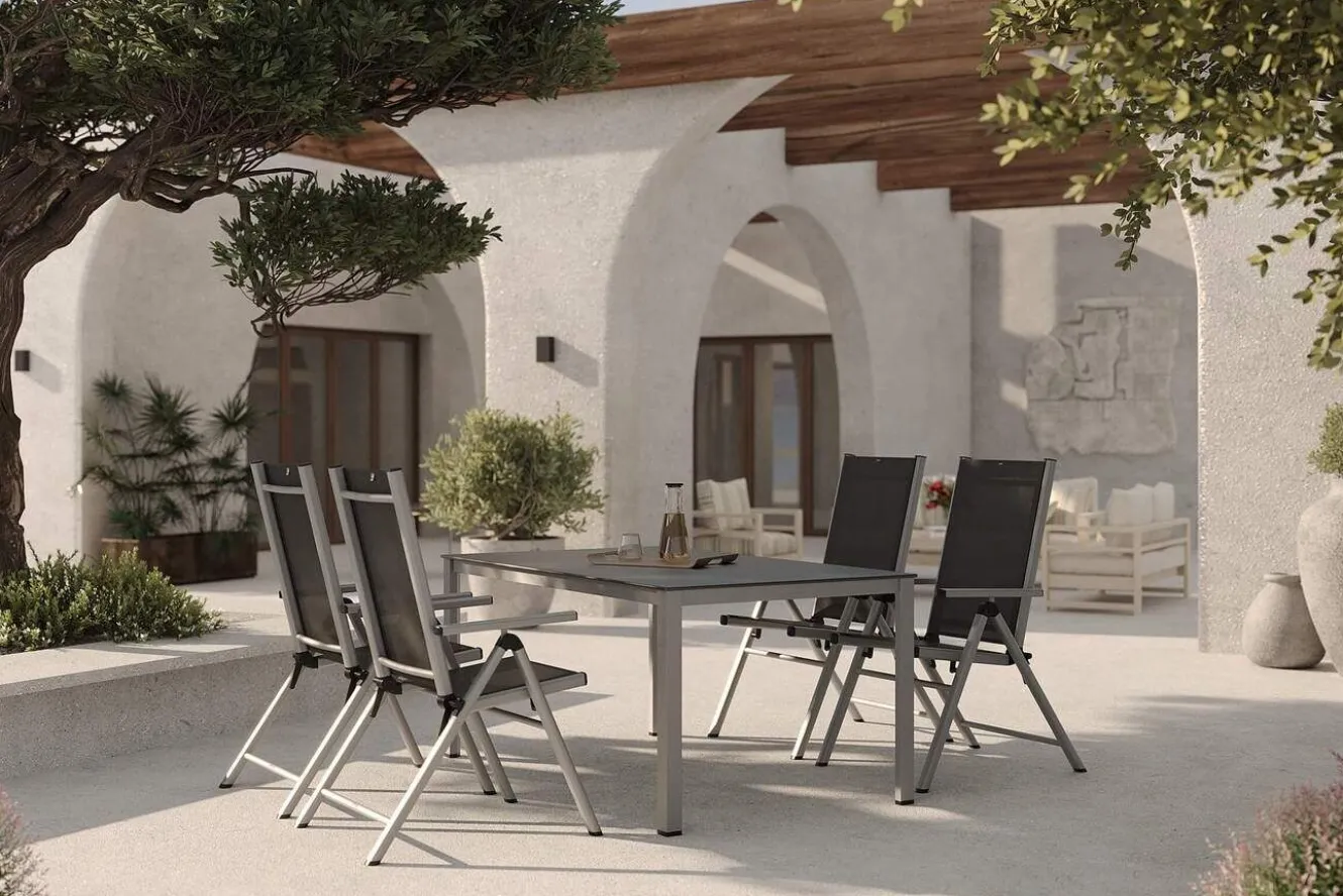 KETTLER BasicPlus Pro Garten-Essgruppe, silber/anthrazit, Alu/Textilene, Tisch 160 x 95 cm, 4 Klappstühle