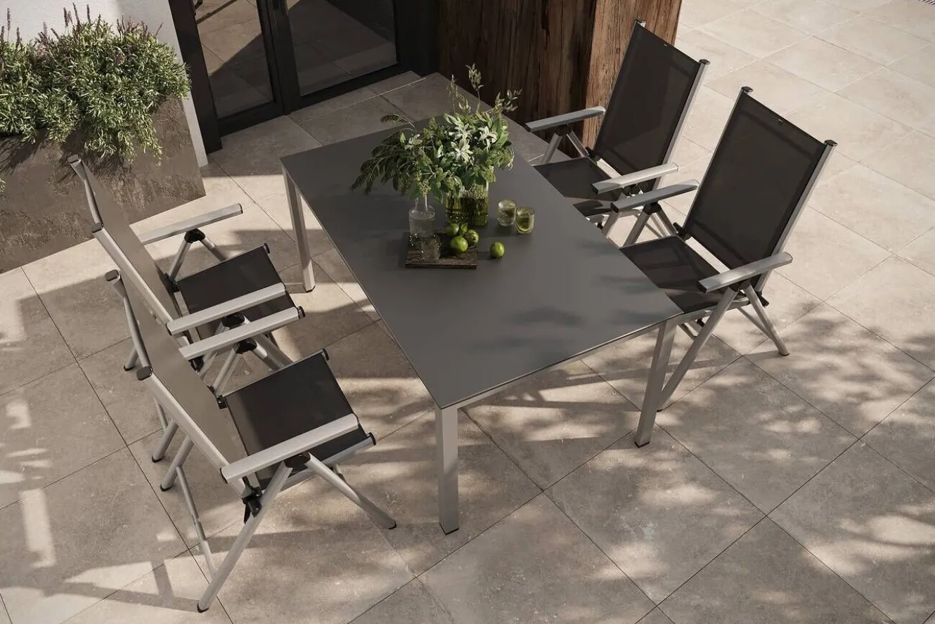 KETTLER BasicPlus Pro Garten-Essgruppe, silber/anthrazit, Alu/Textilene, Tisch 160 x 95 cm, 4 Klappstühle
