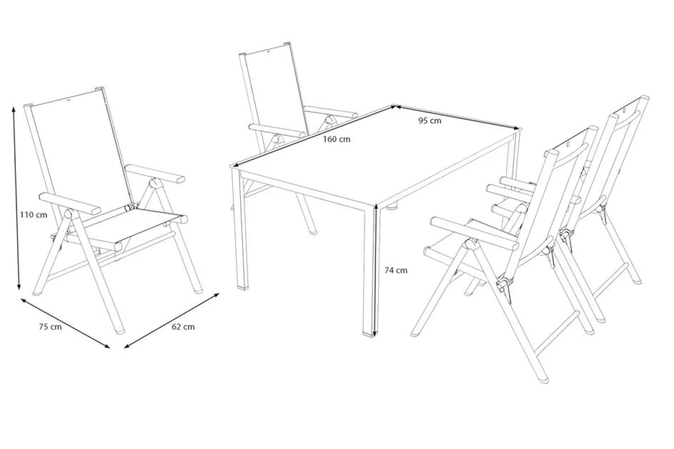 KETTLER BasicPlus Pro Garten-Essgruppe, silber/anthrazit, Alu/Textilene, Tisch 160 x 95 cm, 4 Klappstühle
