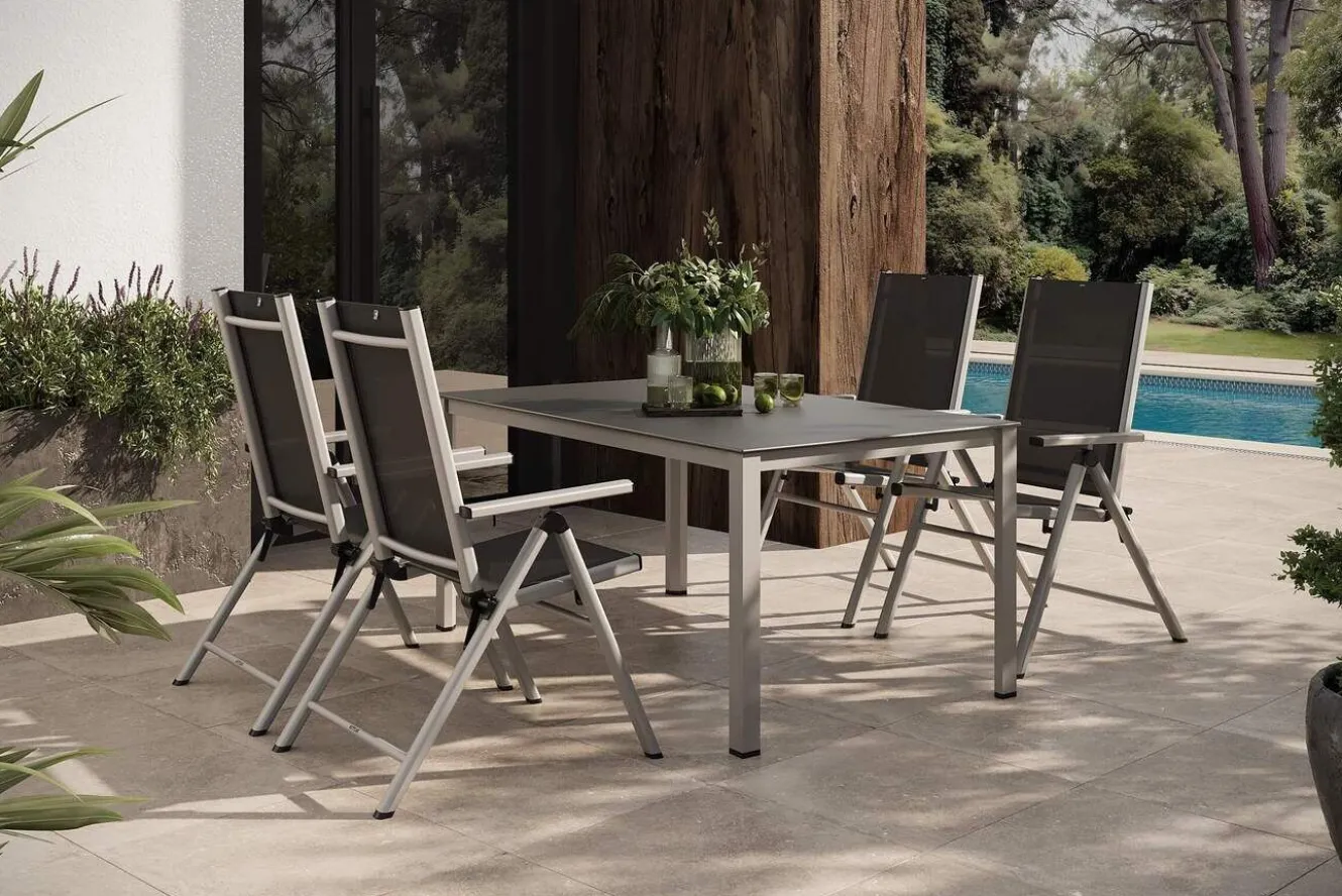 KETTLER BasicPlus Pro Garten-Essgruppe, silber/anthrazit, Alu/Textilene, Tisch 160 x 95 cm, 4 Klappstühle