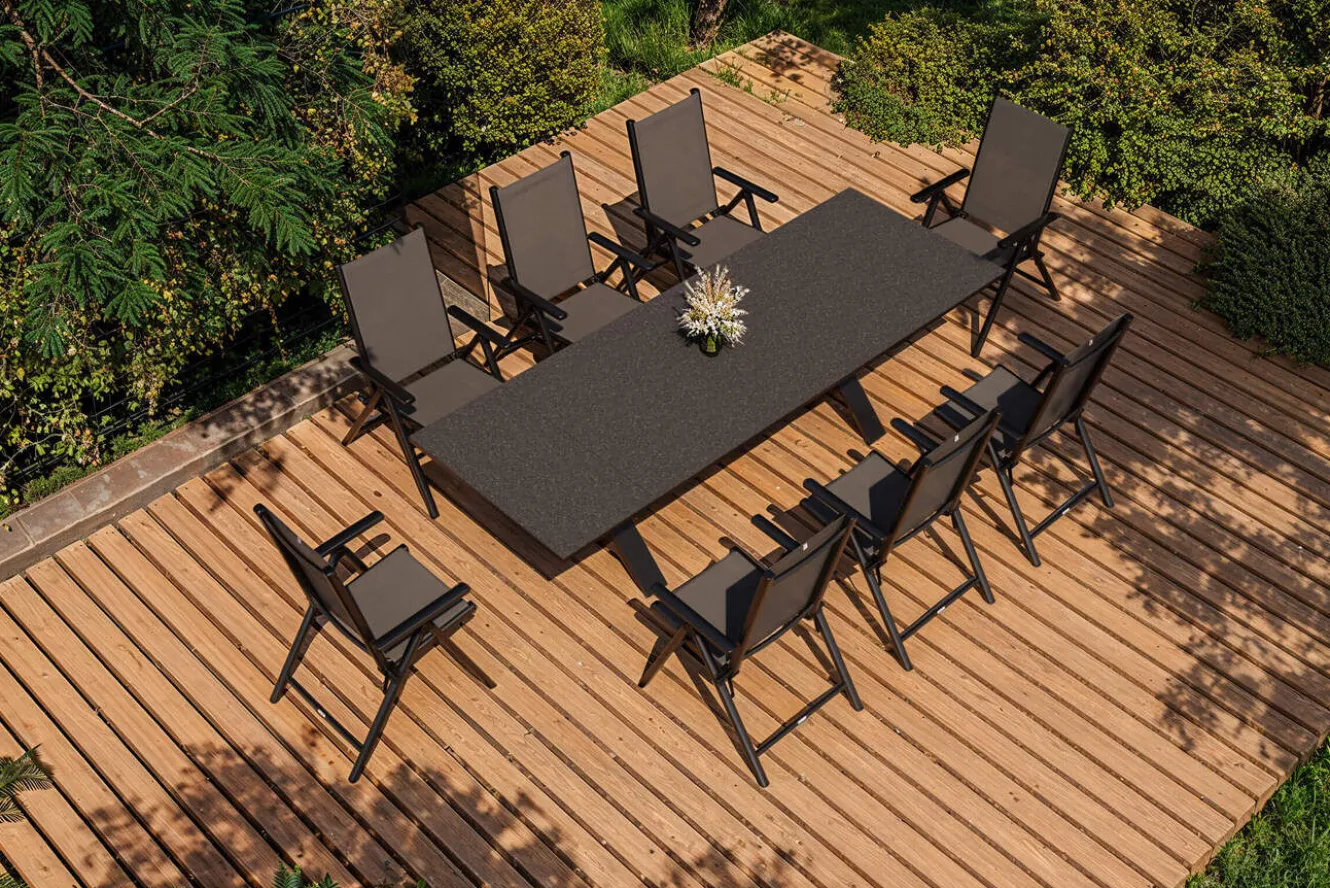 KETTLER BasicPlus Pro Garten-Essgruppe, anthrazit, Alu/Textilene/Spraystone, Tisch ausziehbar 180/280 cm, 8 Klappstühle