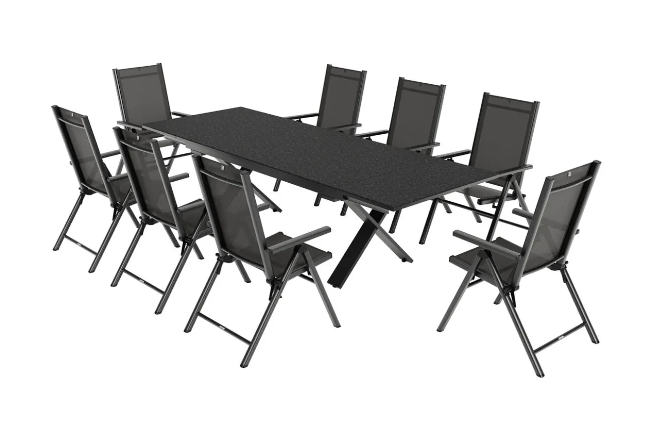 KETTLER BasicPlus Pro Garten-Essgruppe, anthrazit, Alu/Textilene/Spraystone, Tisch ausziehbar 180/280 cm, 8 Klappstühle