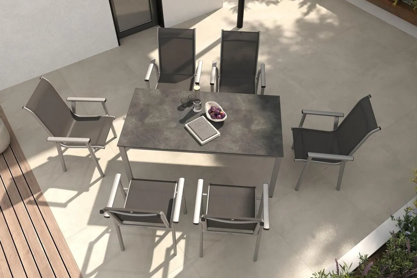 KETTLER BasicPlus Pro Garten-Essgruppe, silber/anthrazit, Alu/Textilene, Tisch 160 x 90 cm, 6 Stapelsessel