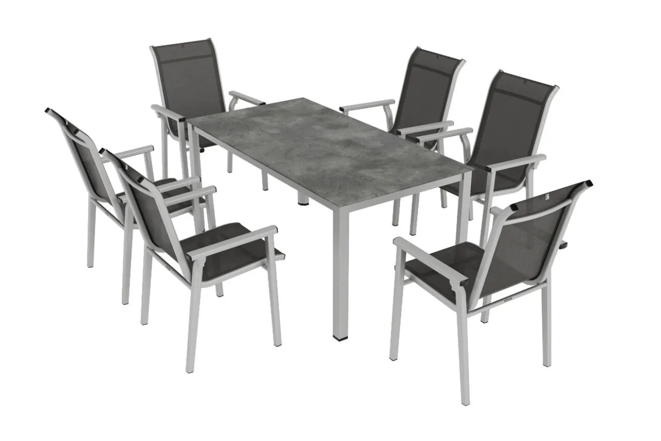 KETTLER BasicPlus Pro Garten-Essgruppe, silber/anthrazit, Alu/Textilene, Tisch 160 x 90 cm, 6 Stapelsessel