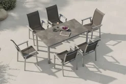 KETTLER BasicPlus Pro Garten-Essgruppe, silber/anthrazit, Alu/Textilene, Tisch 160 x 90 cm, 6 Stapelsessel
