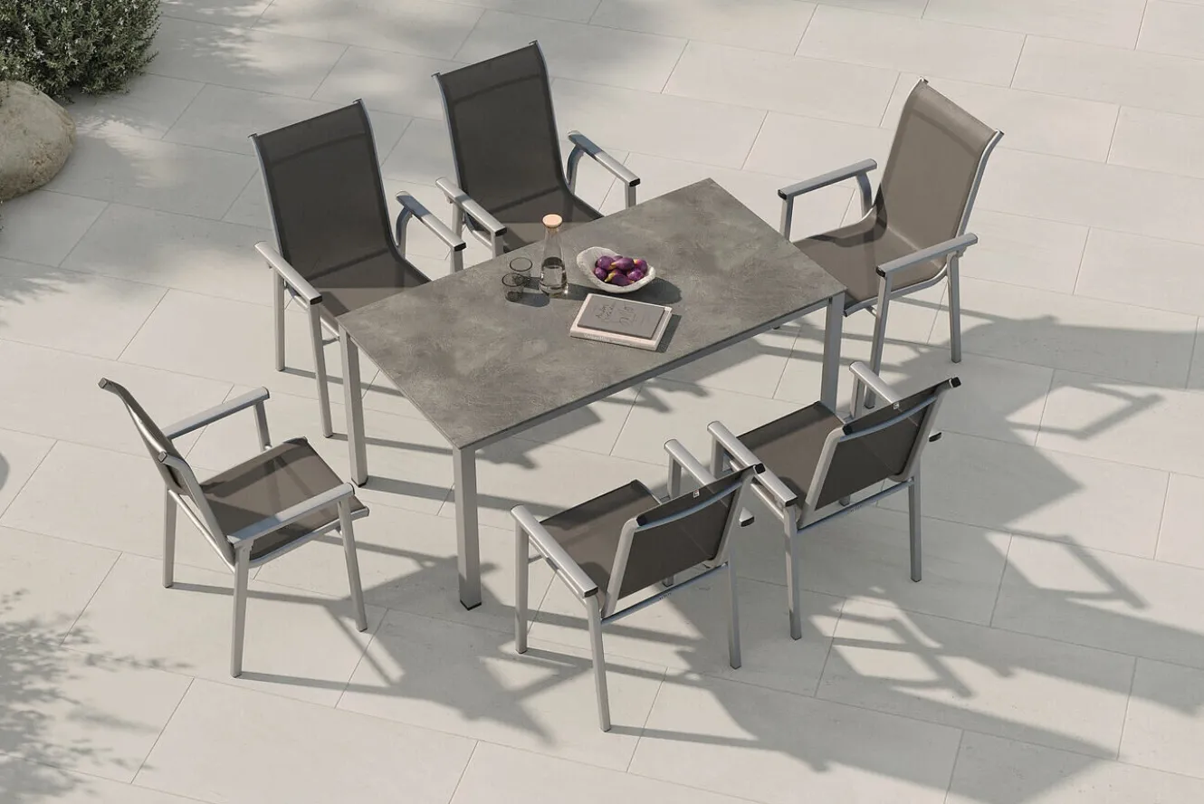 KETTLER BasicPlus Pro Garten-Essgruppe, silber/anthrazit, Alu/Textilene, Tisch 160 x 90 cm, 6 Stapelsessel