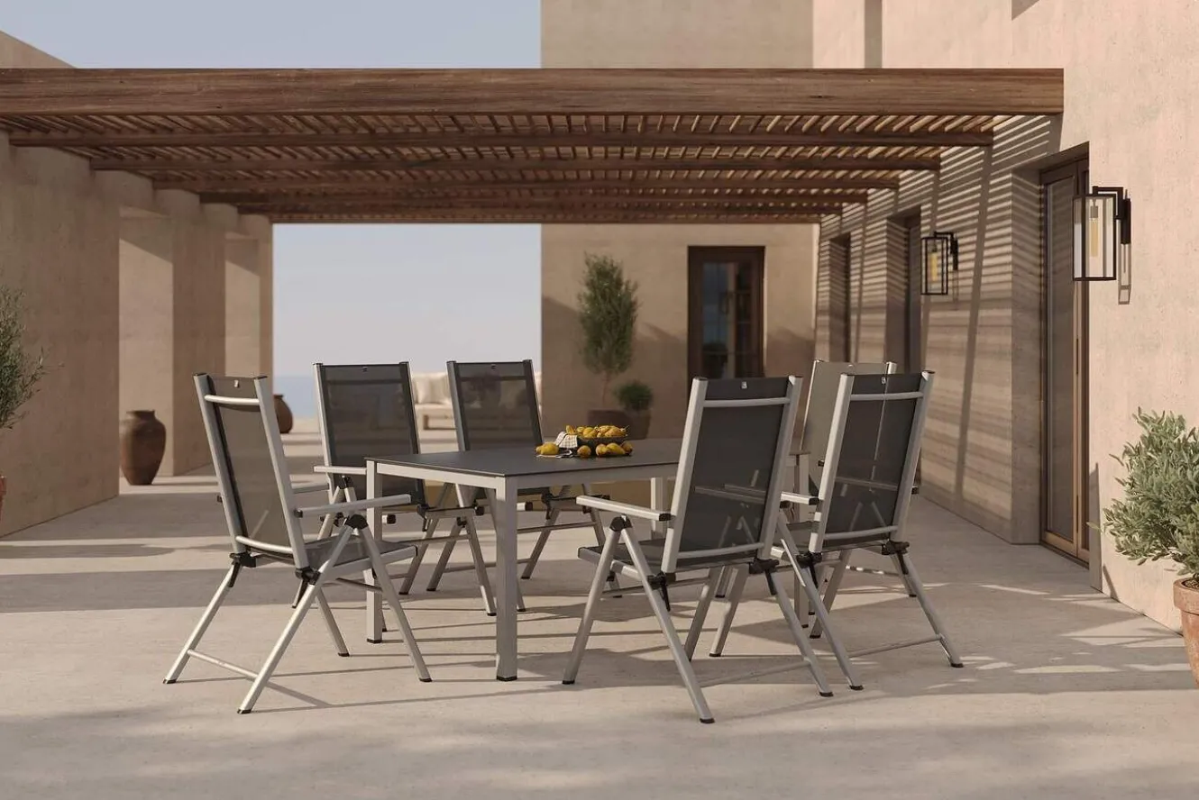 KETTLER BasicPlus Pro Garten-Essgruppe, silber/anthrazit, Alu/Textilene, Tisch 160 x 95 cm, 6 Klappstühle