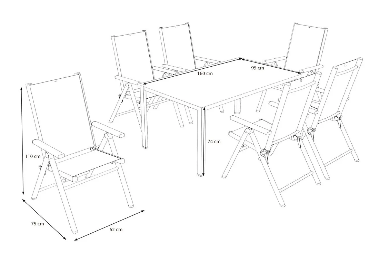 KETTLER BasicPlus Pro Garten-Essgruppe, silber/anthrazit, Alu/Textilene, Tisch 160 x 95 cm, 6 Klappstühle