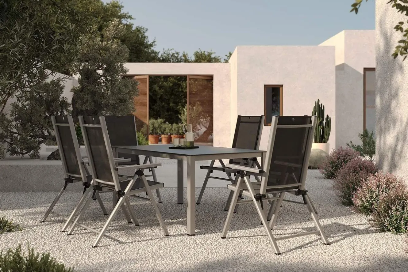 KETTLER BasicPlus Pro Garten-Essgruppe, silber/anthrazit, Alu/Textilene, Tisch 160 x 95 cm, 6 Klappstühle