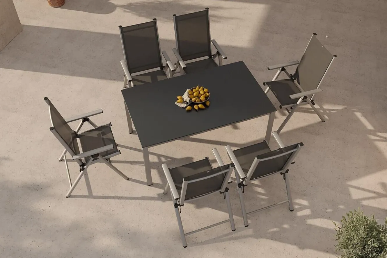 KETTLER BasicPlus Pro Garten-Essgruppe, silber/anthrazit, Alu/Textilene, Tisch 160 x 95 cm, 6 Klappstühle