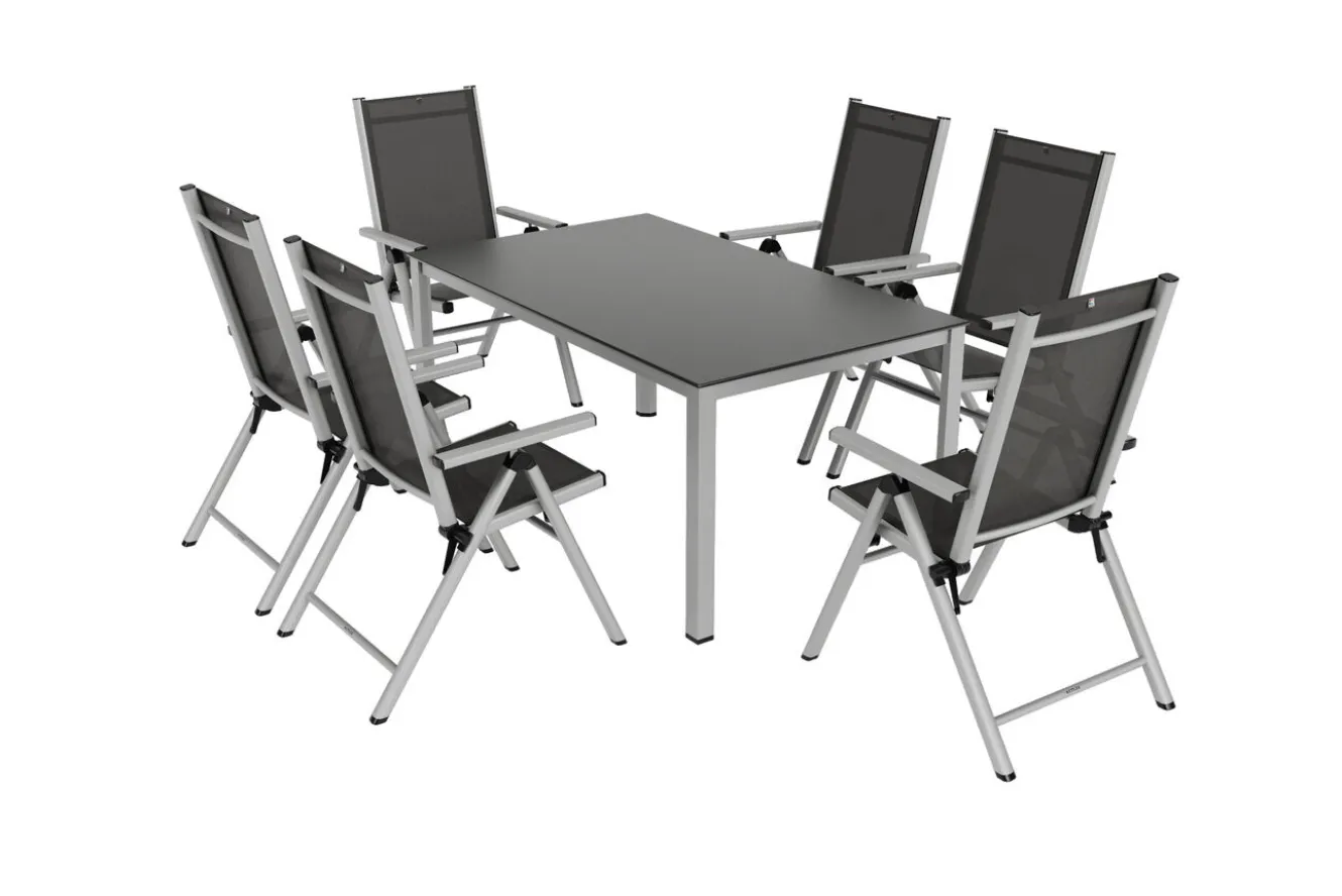 KETTLER BasicPlus Pro Garten-Essgruppe, silber/anthrazit, Alu/Textilene, Tisch 160 x 95 cm, 6 Klappstühle