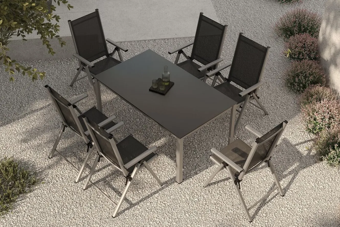 KETTLER BasicPlus Pro Garten-Essgruppe, silber/anthrazit, Alu/Textilene, Tisch 160 x 95 cm, 6 Klappstühle