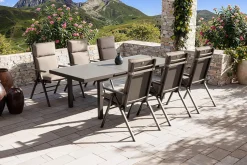 KETTLER BasicPlus Pro Garten-Essgruppe, anthrazit/natur, Alu/Textilene/Glas, Tisch ausziehbar 180/240 cm, 6 Klappstühle inkl. Auflagen