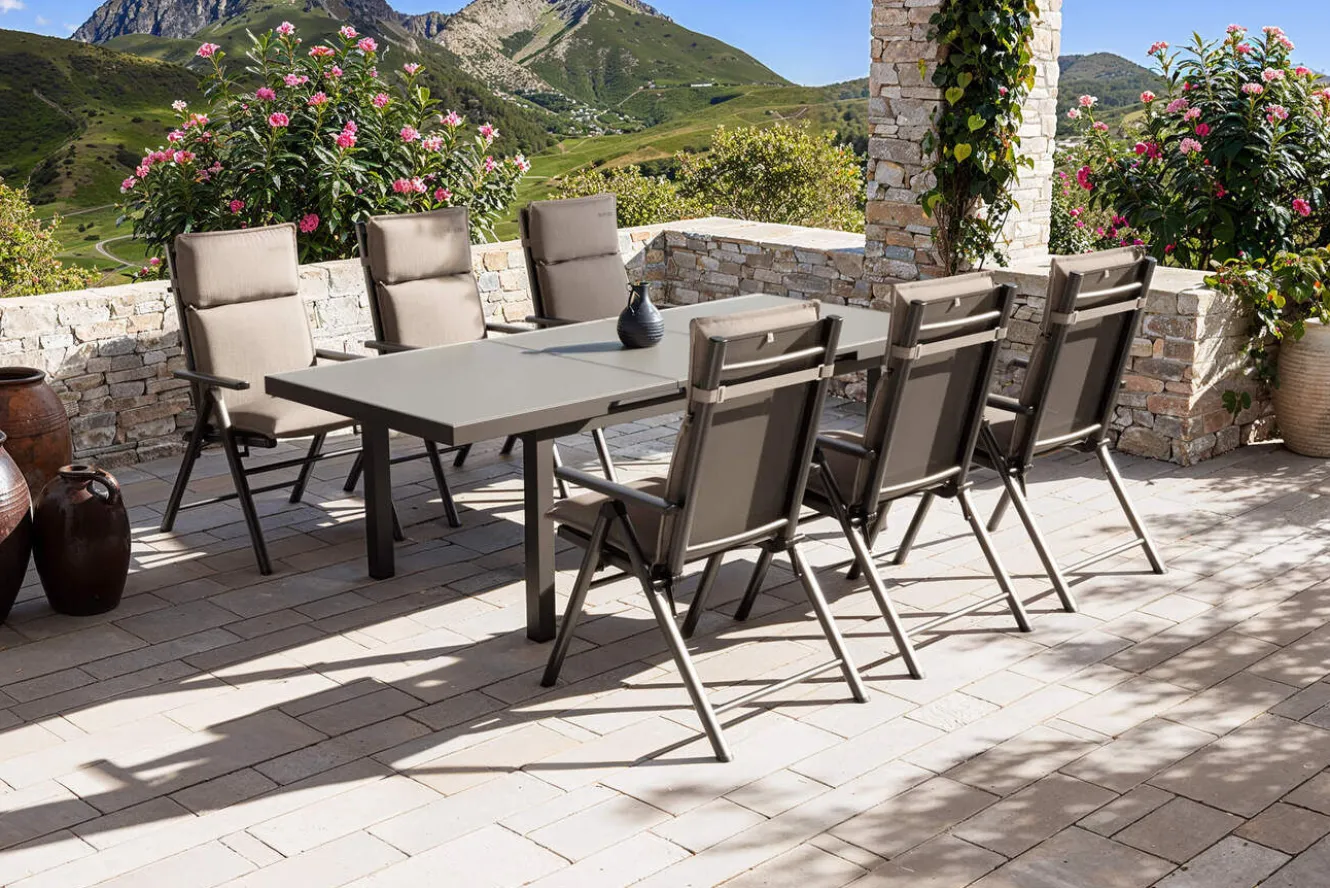 KETTLER BasicPlus Pro Garten-Essgruppe, anthrazit/natur, Alu/Textilene/Glas, Tisch ausziehbar 180/240 cm, 6 Klappstühle inkl. Auflagen