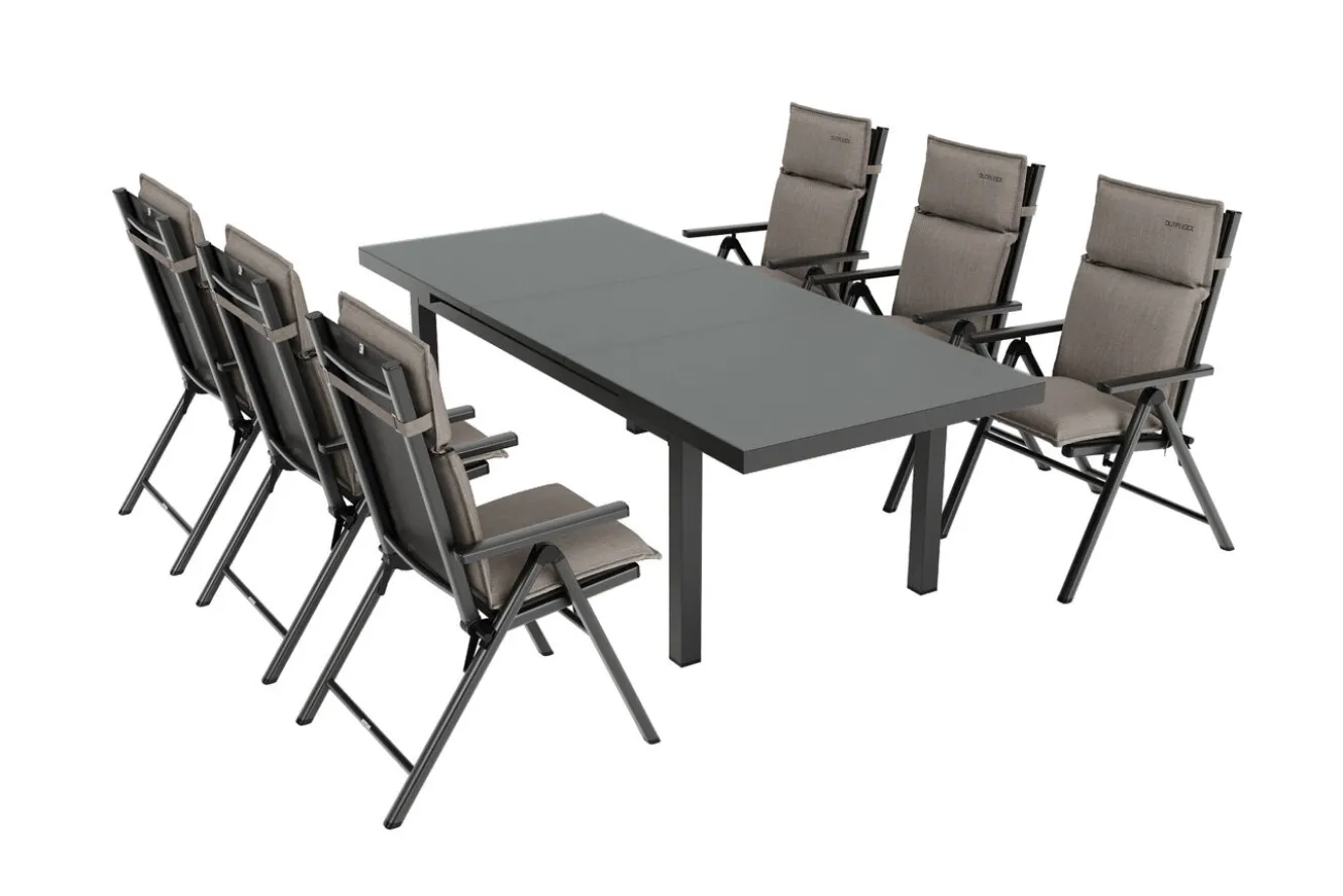 KETTLER BasicPlus Pro Garten-Essgruppe, anthrazit/natur, Alu/Textilene/Glas, Tisch ausziehbar 180/240 cm, 6 Klappstühle inkl. Auflagen
