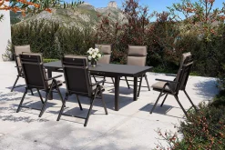 KETTLER BasicPlus Pro Garten-Essgruppe, anthrazit/natur, Alu/Textilene/Glas, Tisch ausziehbar 180/240 cm, 6 Klappstühle inkl. Auflagen