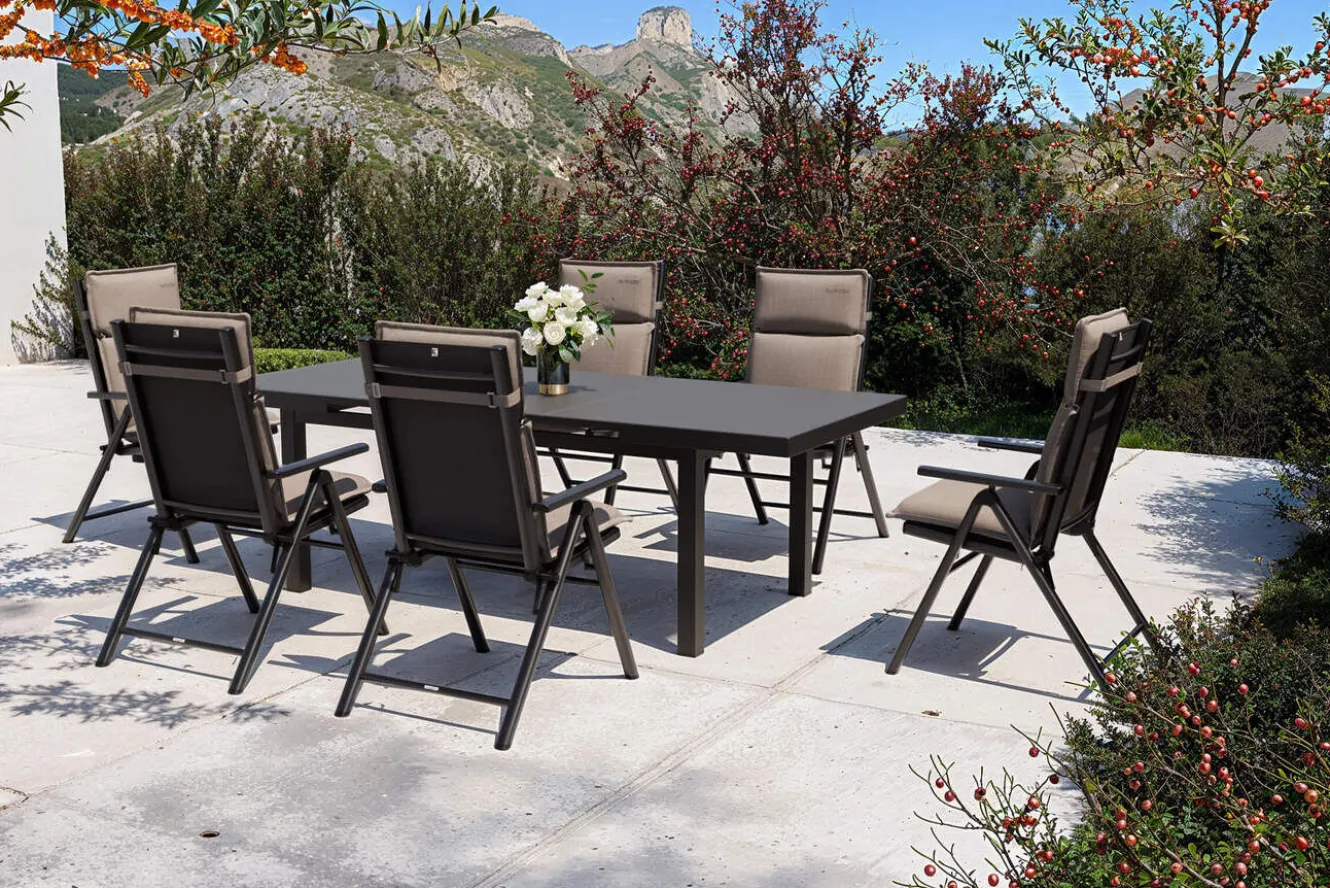 KETTLER BasicPlus Pro Garten-Essgruppe, anthrazit/natur, Alu/Textilene/Glas, Tisch ausziehbar 180/240 cm, 6 Klappstühle inkl. Auflagen