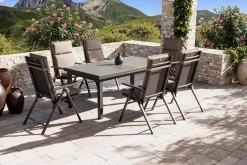 KETTLER BasicPlus Pro Garten-Essgruppe, anthrazit/natur, Alu/Textilene/Glas, Tisch ausziehbar 180/240 cm, 6 Klappstühle inkl. Auflagen