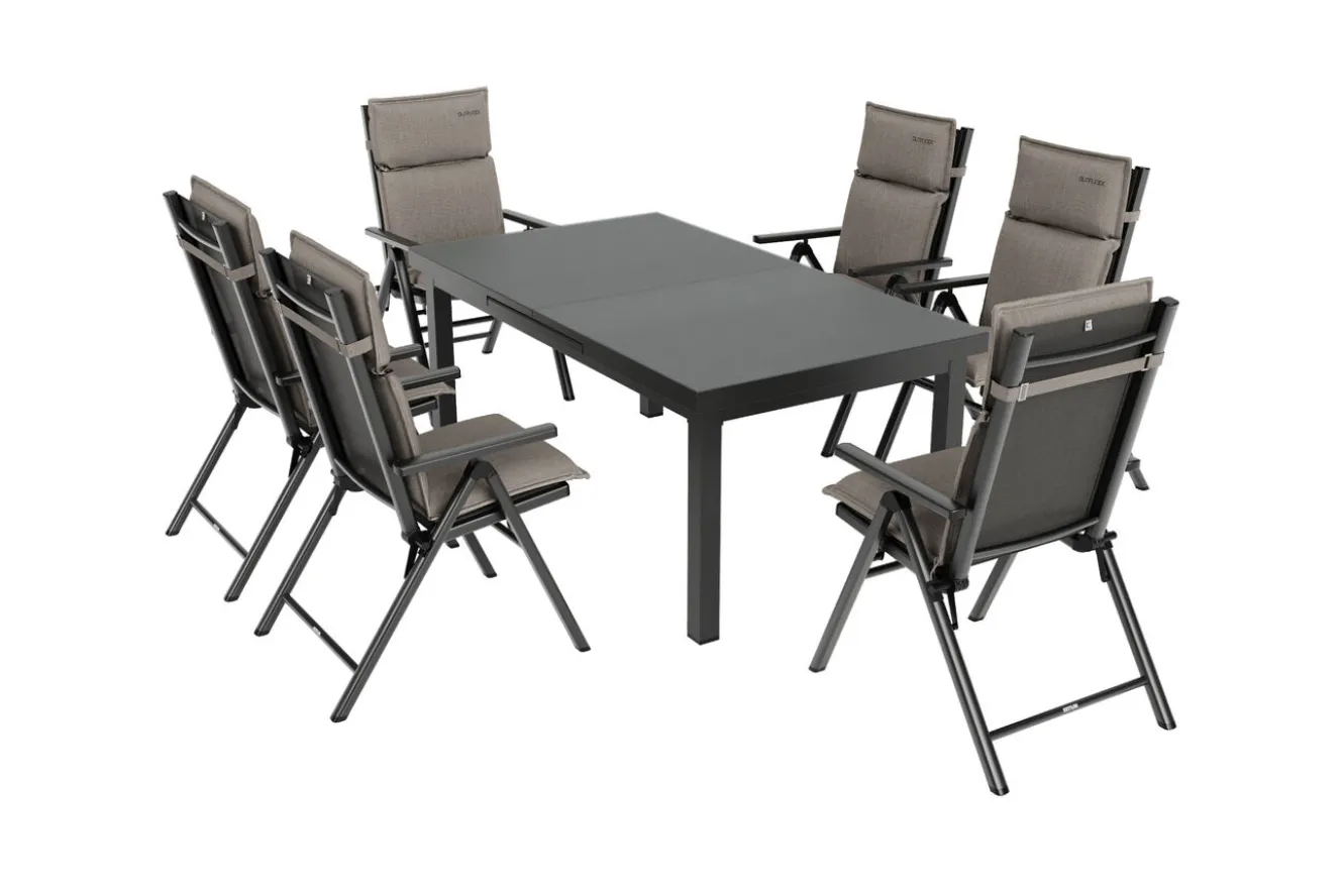 KETTLER BasicPlus Pro Garten-Essgruppe, anthrazit/natur, Alu/Textilene/Glas, Tisch ausziehbar 180/240 cm, 6 Klappstühle inkl. Auflagen