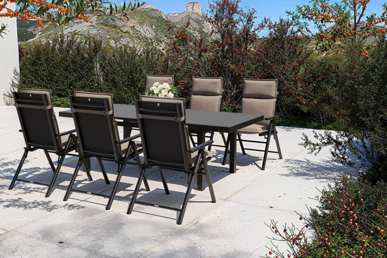 KETTLER BasicPlus Pro Garten-Essgruppe, anthrazit/natur, Alu/Textilene/Glas, Tisch ausziehbar 180/240 cm, 6 Klappstühle inkl. Auflagen