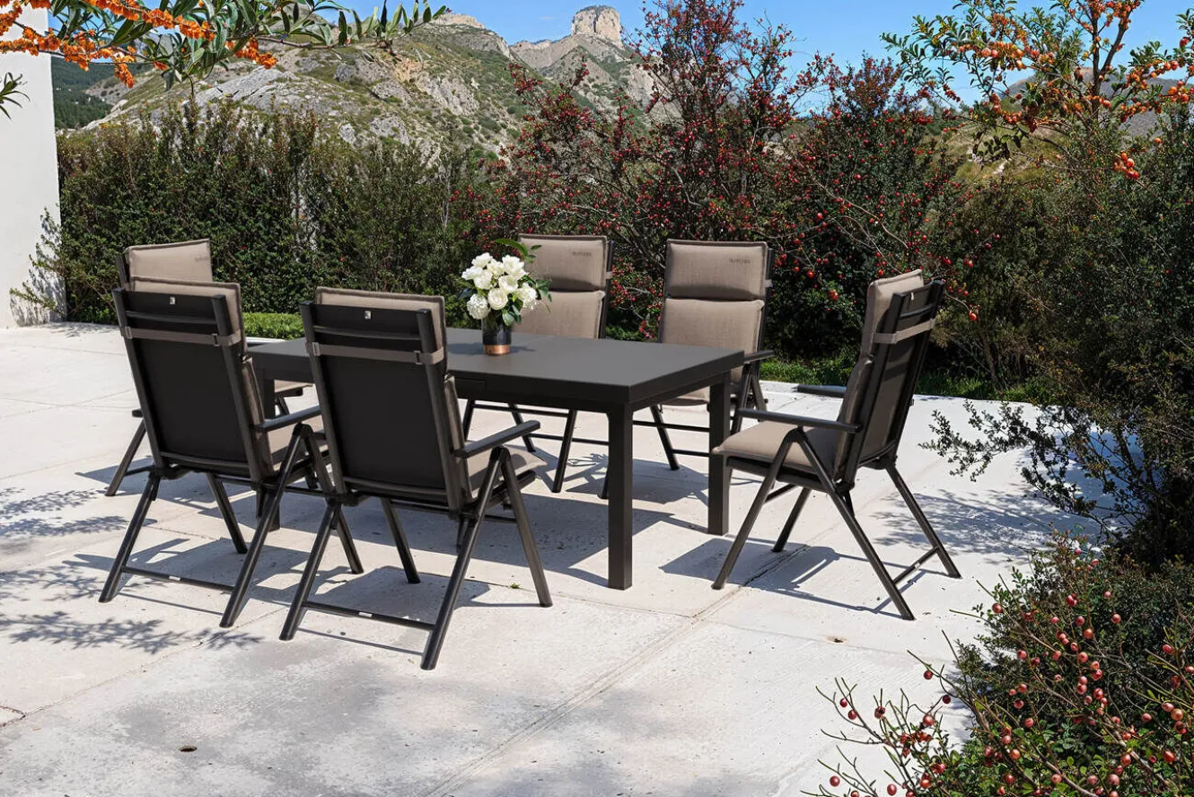 KETTLER BasicPlus Pro Garten-Essgruppe, anthrazit/natur, Alu/Textilene/Glas, Tisch ausziehbar 180/240 cm, 6 Klappstühle inkl. Auflagen