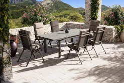 KETTLER BasicPlus Pro Garten-Essgruppe, anthrazit/natur, Alu/Textilene/Glas, Tisch ausziehbar 180/240 cm, 6 Klappstühle inkl. Auflagen