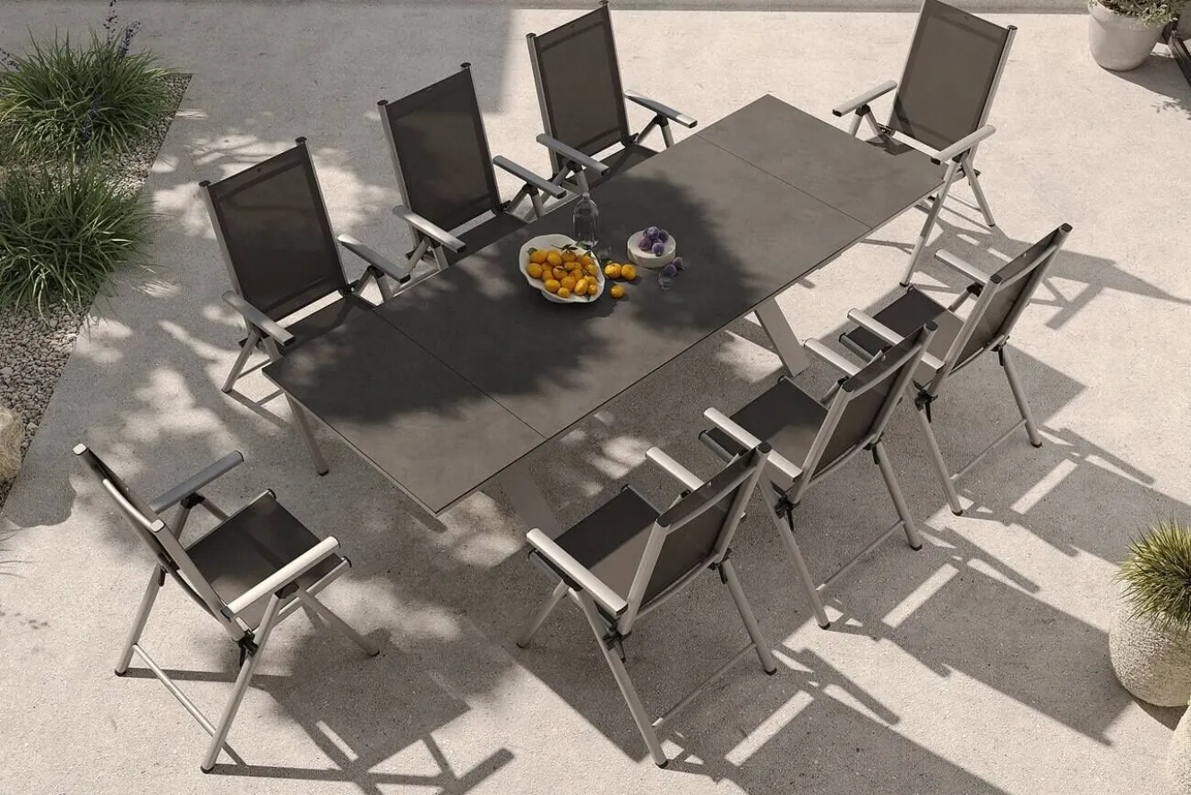 KETTLER BasicPlus Pro Garten-Essgruppe, silber/anthrazit, Alu/Textilene, Spraystone-Tischplatte 180/280 x 100 cm, 8 Klappstühle