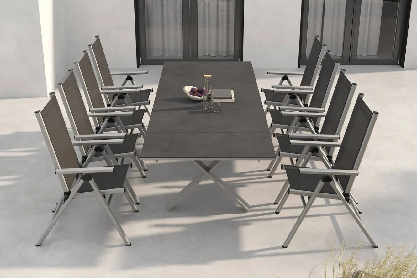 KETTLER BasicPlus Pro Garten-Essgruppe, silber/anthrazit, Alu/Textilene, Spraystone-Tischplatte 180/280 x 100 cm, 8 Klappstühle