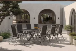 KETTLER BasicPlus Pro Garten-Essgruppe, silber/anthrazit, Alu/Textilene, Spraystone-Tischplatte 180/280 x 100 cm, 8 Klappstühle